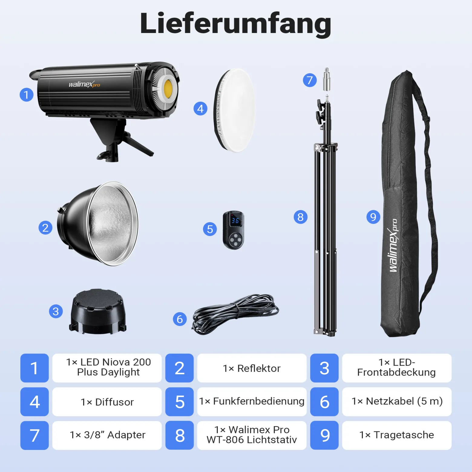 Walimex pro LED Niova Plus DL 200 W + Stativ Set, dimmbare LED Videoleuchte plus Blitzstativ mit Federdämpfung bis 256 cm Höhe