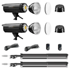Walimex pro LED Niova Plus DL 200 W + Stativ 2er Set, dimmbare LED Videoleuchten plus Blitzstative mit Federdämpfung bis 256 cm Höhe