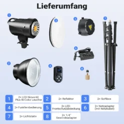 Walimex pro LED Niova 60 Plus + Stativ 2er Set, LED Studioleuchten mit Bowens-Reflektor und Soft Diffusor plus Lampenstative bis 215 cm Arbeitshöhe