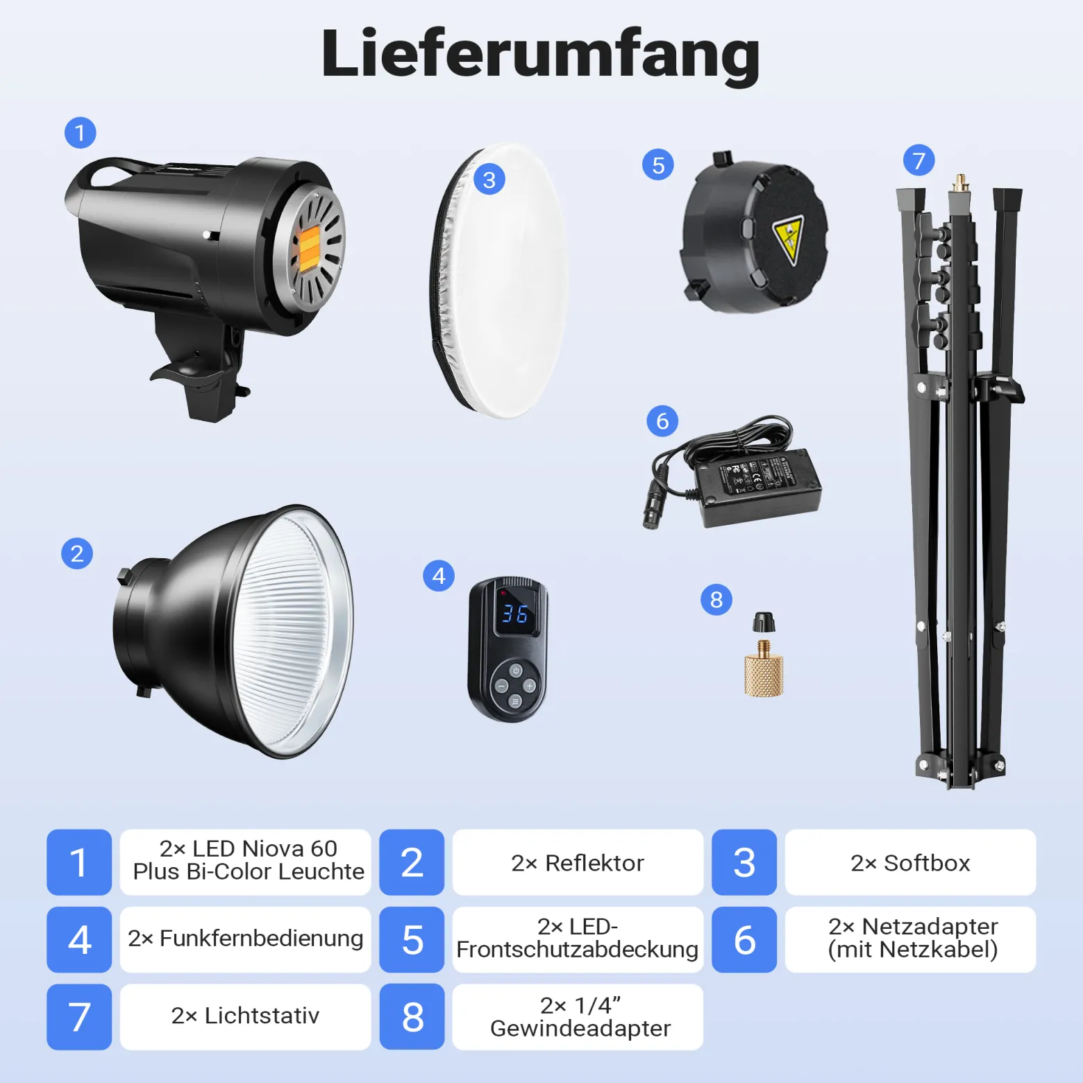 Walimex pro LED Niova 60 Plus + Stativ 2er Set, LED Studioleuchten mit Bowens-Reflektor und Soft Diffusor plus Lampenstative bis 215 cm Arbeitshöhe