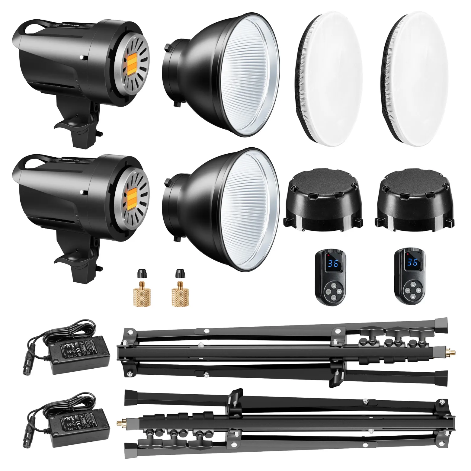 Walimex pro LED Niova 60 Plus + Stativ 2er Set, LED Studioleuchten mit Bowens-Reflektor und Soft Diffusor plus Lampenstative bis 215 cm Arbeitshöhe