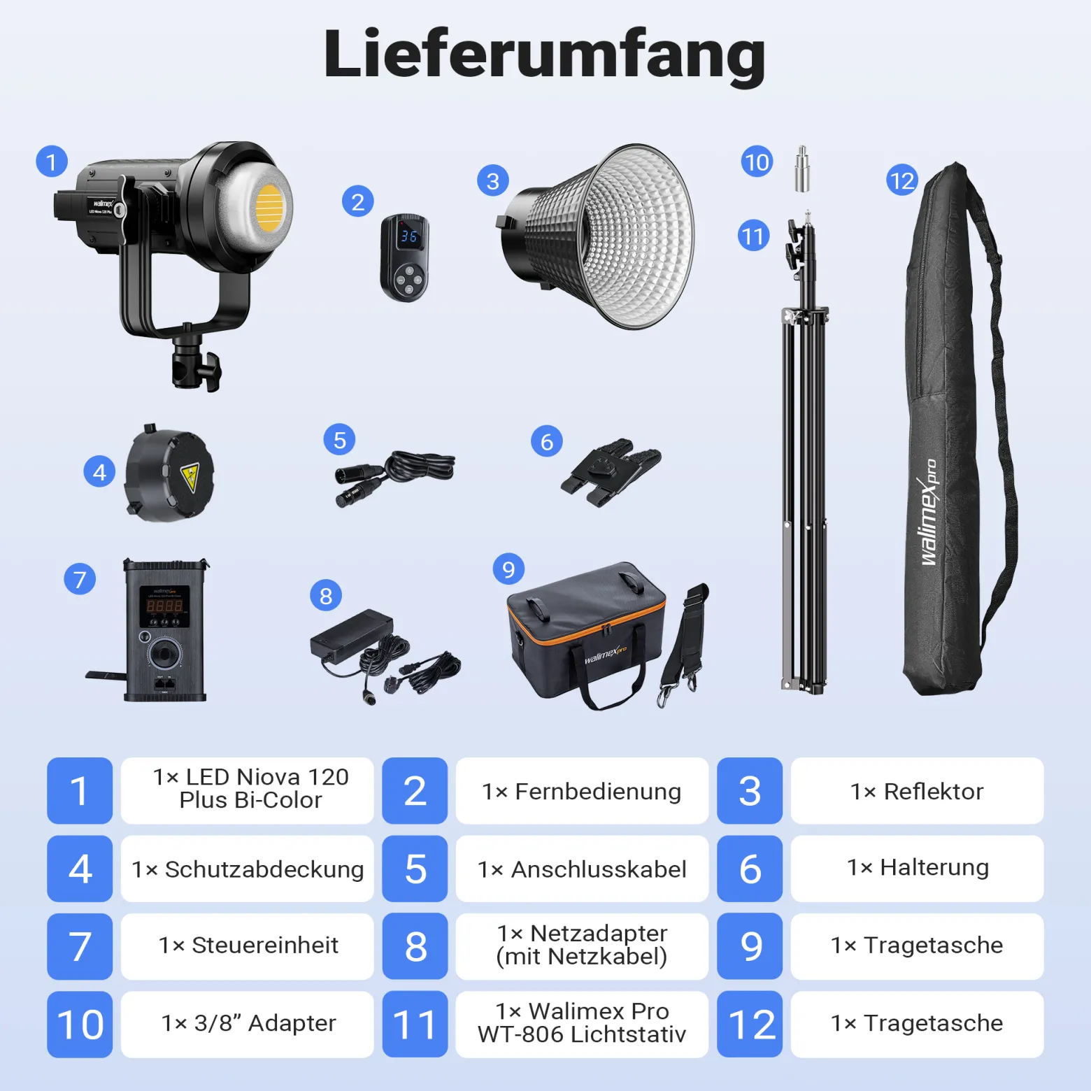 Walimex pro LED Niova Plus 120 W + Stativ Set, dimmbare Videoleuchte mit Bi-Color plus Blitzstativ bis 256 cm Höhe mit Federdämpfung