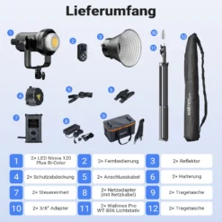 Walimex pro LED Niova Plus 120 W + Stativ 2er Set, dimmbare Videoleuchten mit Bi-Color plus Blitzstative bis 256 cm Höhe mit Federdämpfung