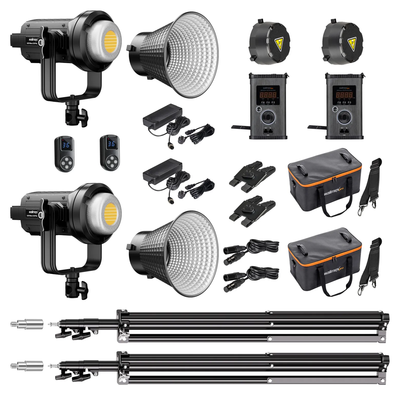 Walimex pro LED Niova Plus 120 W + Stativ 2er Set, dimmbare Videoleuchten mit Bi-Color plus Blitzstative bis 256 cm Höhe mit Federdämpfung