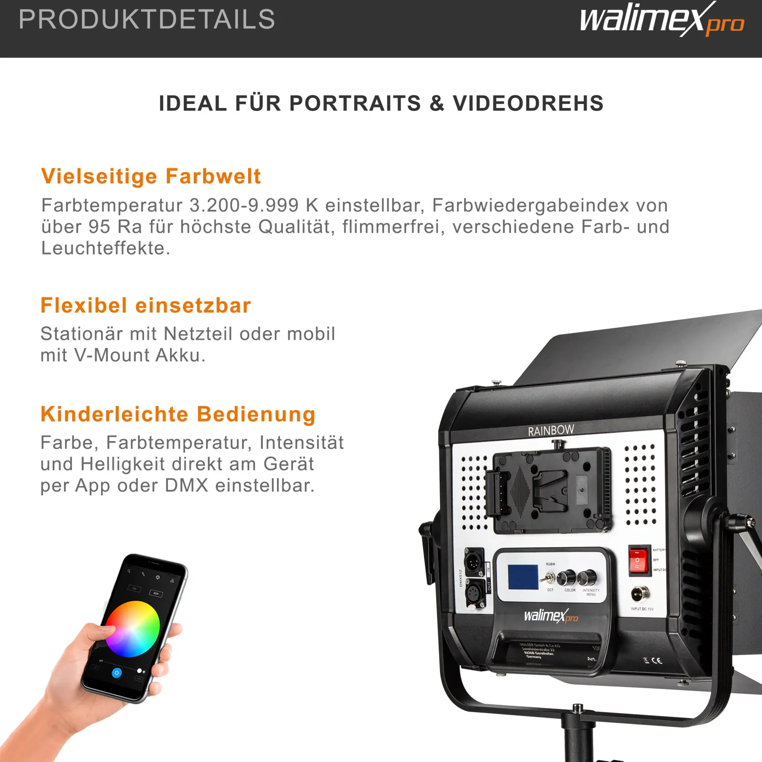 Walimex pro LED Rainbow Flächenleuchte, RGBWW Flächenlicht 100 W, Bi-Color Videoleuchte, Studioleuchte per App steuerbar, Studio-Beleuchtung mit Effektgenerator