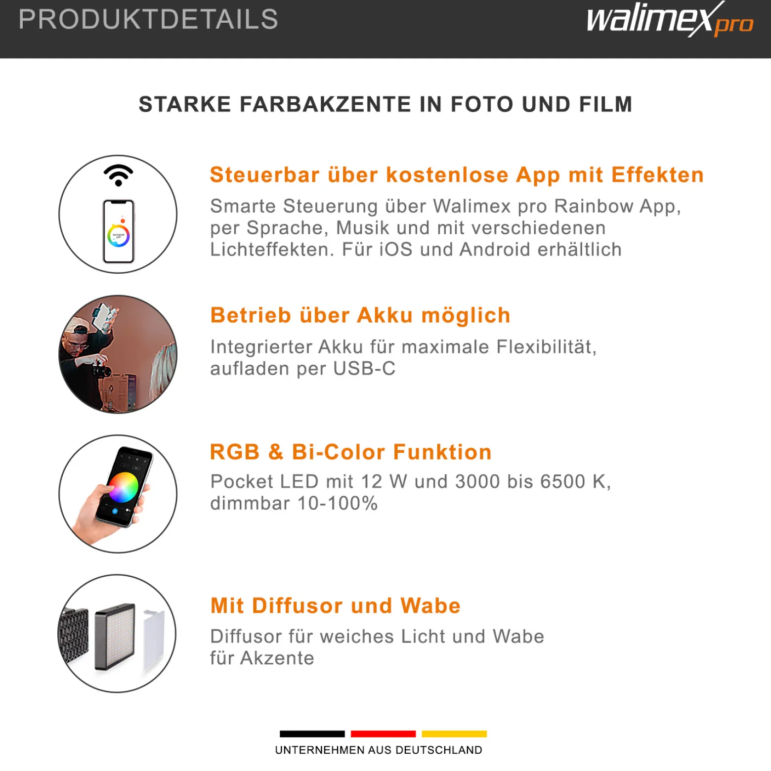 Walimex pro LED Rainbow Pocket Flächenleuchte, Videoleuchte mit Akku und USB, Studioleuchte mit Farbwechsel RGBWW, Studio-Beleuchtung steuerbar per App, Bi-Color Videolicht