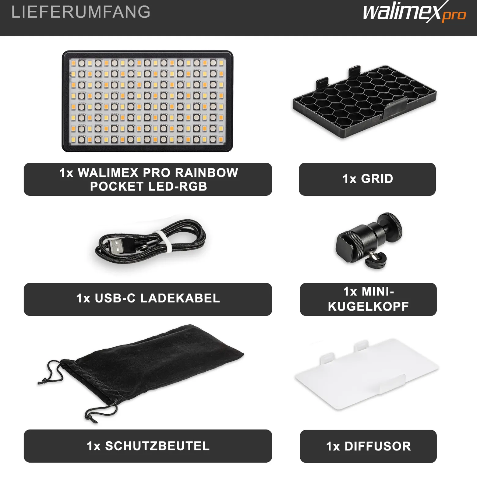 Walimex pro LED Rainbow Pocket Flächenleuchte, Videoleuchte mit Akku und USB, Studioleuchte mit Farbwechsel RGBWW, Studio-Beleuchtung steuerbar per App, Bi-Color Videolicht