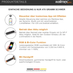 Walimex pro LED Rainbow RGB Leuchtstab, Stableuchte 18 W, Studioleuchte dimmbar und Bi-Color, Studio-Beleuchtung steuerbar per App, kompaktes Videolicht