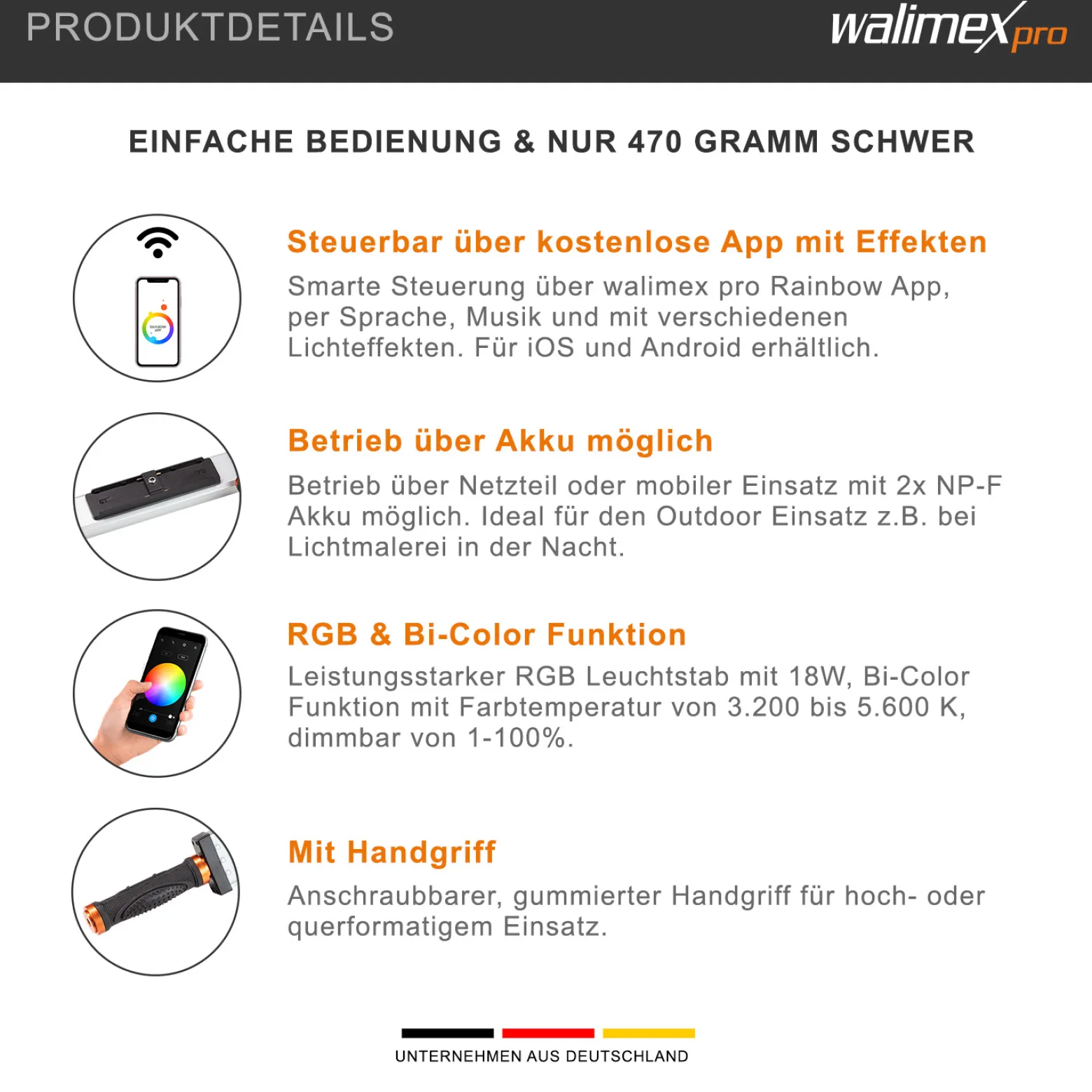 Walimex pro LED Rainbow RGB Leuchtstab, Stableuchte 18 W, Studioleuchte dimmbar und Bi-Color, Studio-Beleuchtung steuerbar per App, kompaktes Videolicht
