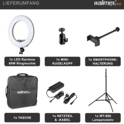 Walimex pro LED Rainbow Ringleuchte mit Lampenstativ, RGB Ringlicht mit 60 W, Regenbogen LED per App steuerbar, Videoleuchte mit Smartphonehalter, Ring Light mit Effekten und Bi-Color