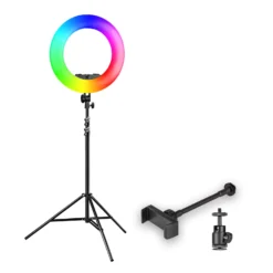 Walimex pro LED Rainbow Ringleuchte mit Lampenstativ, RGB Ringlicht mit 60 W, Regenbogen LED per App steuerbar, Videoleuchte mit Smartphonehalter, Ring Light mit Effekten und Bi-Color