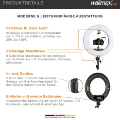 Walimex pro LED Rainbow Ringleuchte mit Lampenstativ, RGB Ringlicht mit 60 W, Regenbogen LED per App steuerbar, Videoleuchte mit Smartphonehalter, Ring Light mit Effekten und Bi-Color
