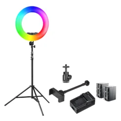 Walimex pro LED Rainbow Ringleuchte mit Lampenstativ & 2x Akku, RGB Ringlicht mit 60 W, Regenbogen LED per App steuerbar, Videoleuchte mit Smartphonehalter, Ring Light mit Effekten
