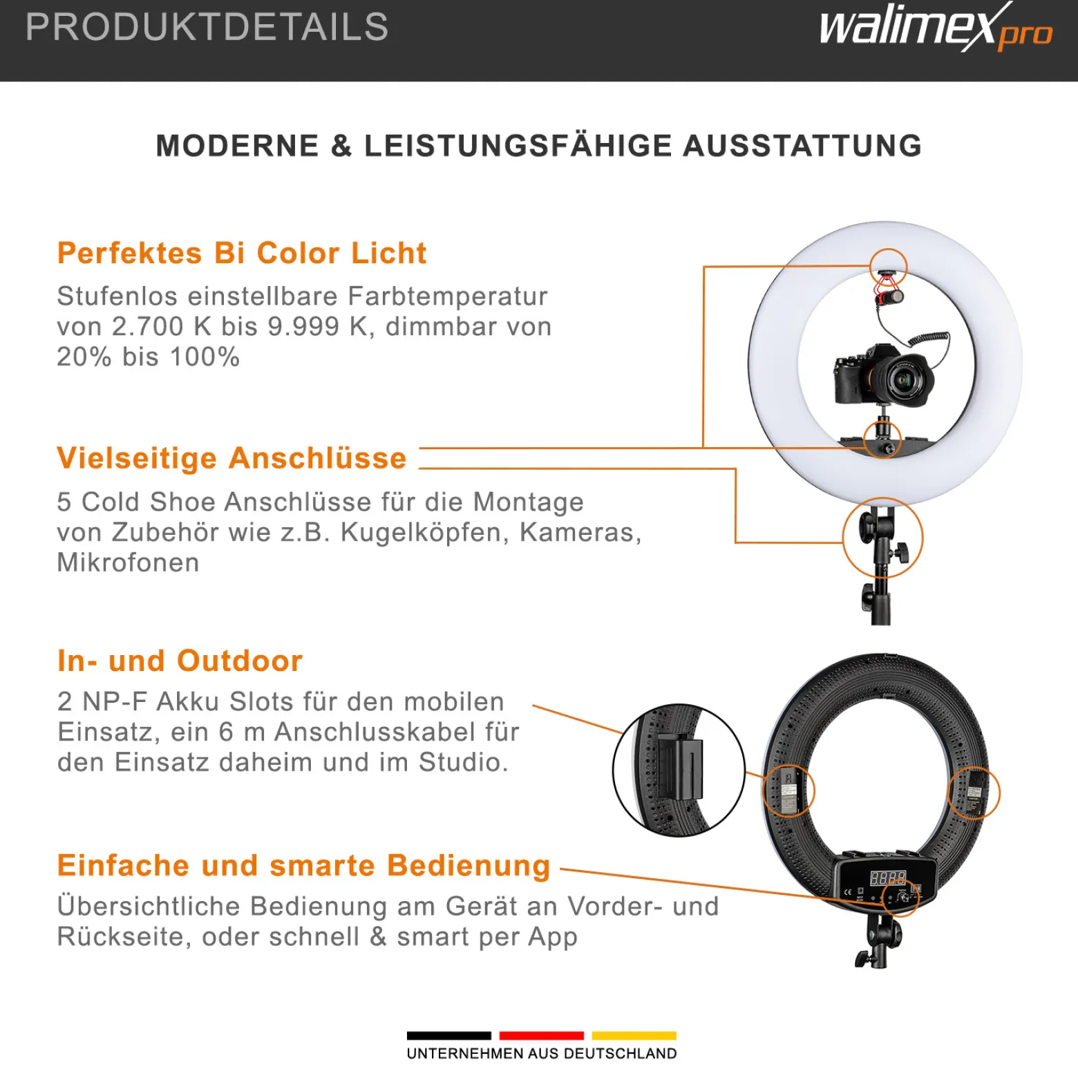 Walimex pro LED Rainbow Ringleuchte mit Lampenstativ & 2x Akku, RGB Ringlicht mit 60 W, Regenbogen LED per App steuerbar, Videoleuchte mit Smartphonehalter, Ring Light mit Effekten