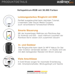 Walimex pro LED Rainbow Ringleuchte, RGB Ringlicht mit 60 W, Regenbogen LED per App steuerbar, Videoleuchte mit Smartphonehalter, Ring Light mit Effekten und Bi-Color