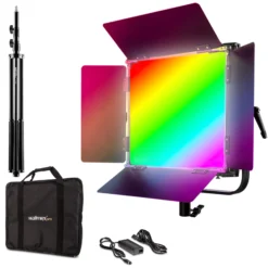 Walimex pro LED Rainbow 50W RGBWW Set bestehend aus Leuchte, Abschirmklappen, Netzteil, Transport- und Aufbewahrungstasche, Lampenstativ inkl. Spigot und Adapter