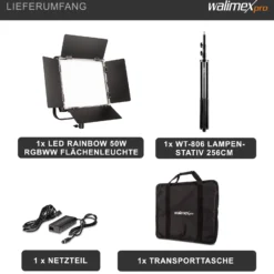Walimex pro LED Rainbow 50W RGBWW Set bestehend aus Leuchte, Abschirmklappen, Netzteil, Transport- und Aufbewahrungstasche, Lampenstativ inkl. Spigot und Adapter