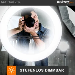 Walimex pro LED Ringleuchte 500 Bi-Color, dimmbares Ringlicht 32 W, Leuchtring mit einzeln schatlbaren Sektoren, Selfie Licht mit umfangreichem Zubehör
