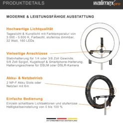 Walimex pro LED Ringleuchte 500 Bi-Color, dimmbares Ringlicht 32 W, Leuchtring mit einzeln schatlbaren Sektoren, Selfie Licht mit umfangreichem Zubehör