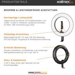 Walimex pro LED Ringleuchte 380 Bi-Color 23 W, leistungsstarkes Ringlicht mit schaltbaren Sektoren, Leuchtring dimmbar, Videoleuchte mit Kamera- und Smartphone-Zubehör