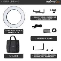 Walimex pro LED Ringleuchte 380 Bi-Color 23 W, leistungsstarkes Ringlicht mit schaltbaren Sektoren, Leuchtring dimmbar, Videoleuchte mit Kamera- und Smartphone-Zubehör