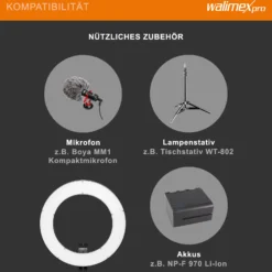 Walimex pro LED Ringleuchte 380 Bi-Color 23 W, leistungsstarkes Ringlicht mit schaltbaren Sektoren, Leuchtring dimmbar, Videoleuchte mit Kamera- und Smartphone-Zubehör