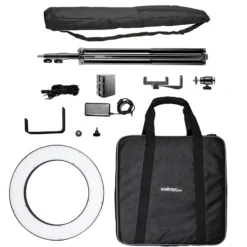 Walimex pro LED Ringleuchte 380 Bi-Color 23 W Set inkl. Stativ & Akku, leistungsstarkes Ringlicht mit schaltbaren Sektoren, Leuchtring dimmbar, Videoleuchte mit Zubehör