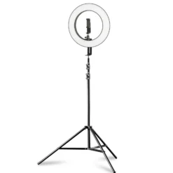 Walimex pro LED Ringleuchte 380 Bi-Color 23 W Set inkl. Stativ, leistungsstarkes Ringlicht mit schaltbaren Sektoren, Leuchtring dimmbar, Videoleuchte mit Zubehör