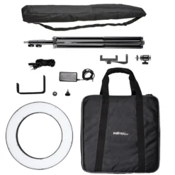 Walimex pro LED Ringleuchte 380 Bi-Color 23 W Set inkl. Stativ, leistungsstarkes Ringlicht mit schaltbaren Sektoren, Leuchtring dimmbar, Videoleuchte mit Zubehör