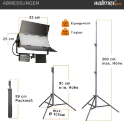 Walimex pro LED Sirius 160 Bi Color Flächenleuchte Set mit Lampenstativ, Flächenlicht 65 W, Videoleuchte stufenlos dimmbar 3200-5600 K, Lampenständer 90-260 cm mit Federdämpfung