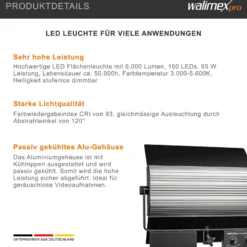 Walimex pro LED Sirius 160 Bi Color Flächenleuchte Set mit Lampenstativ, Flächenlicht 65 W, Videoleuchte stufenlos dimmbar 3200-5600 K, Lampenständer 90-260 cm mit Federdämpfung