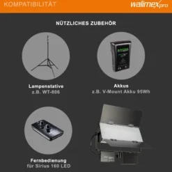 Walimex pro LED Sirius 160 Bi Color Flächenleuchte Set mit Lampenstativ, Flächenlicht 65 W, Videoleuchte stufenlos dimmbar 3200-5600 K, Lampenständer 90-260 cm mit Federdämpfung