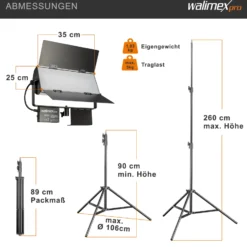 Walimex pro LED Sirius 160 Daylight Flächenleuchte Set mit Lampenstativ, 65 W Flächenlicht, Tageslicht Videoleuchte 5600 K, Studioleuchte mit Aluminium-Gehäuse, Stativ mit Federdämpfung