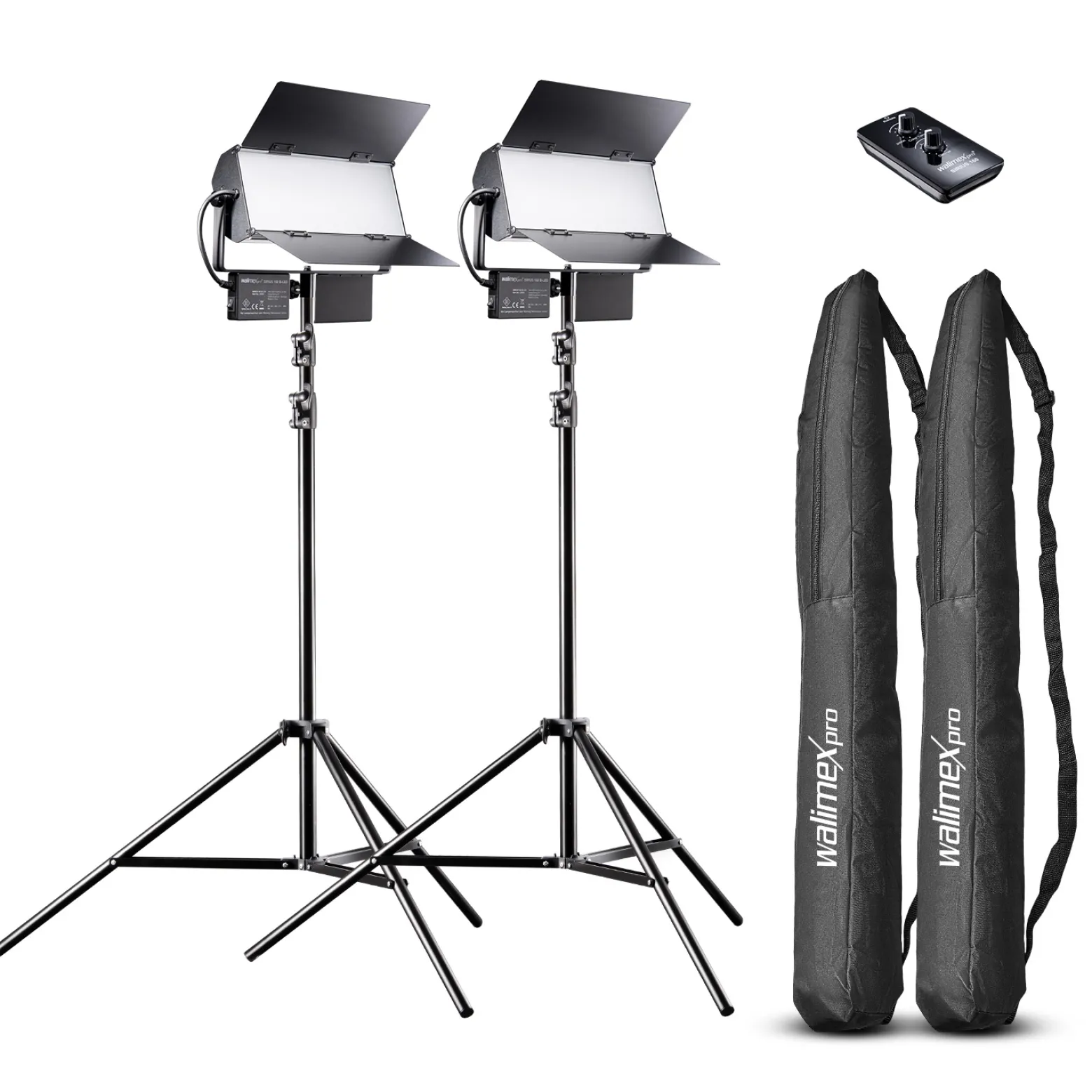 Walimex pro LED Sirius 160 Daylight Flächenleuchte 2er Set mit 2x Lampenstativ und Fernbedienung, 65 W Flächenlicht, Tageslicht Videoleuchte 5600 K, Studioleuchte mit Aluminium-Gehäuse