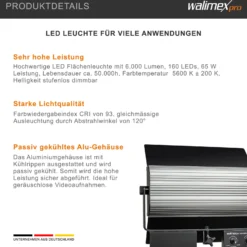 Walimex pro LED Sirius 160 Daylight Flächenleuchte 2er Set mit 2x Lampenstativ und Fernbedienung, 65 W Flächenlicht, Tageslicht Videoleuchte 5600 K, Studioleuchte mit Aluminium-Gehäuse