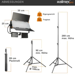Walimex pro LED Sirius 160 Daylight Flächenleuchte 2er Set mit 2x Lampenstativ und Fernbedienung, 65 W Flächenlicht, Tageslicht Videoleuchte 5600 K, Studioleuchte mit Aluminium-Gehäuse