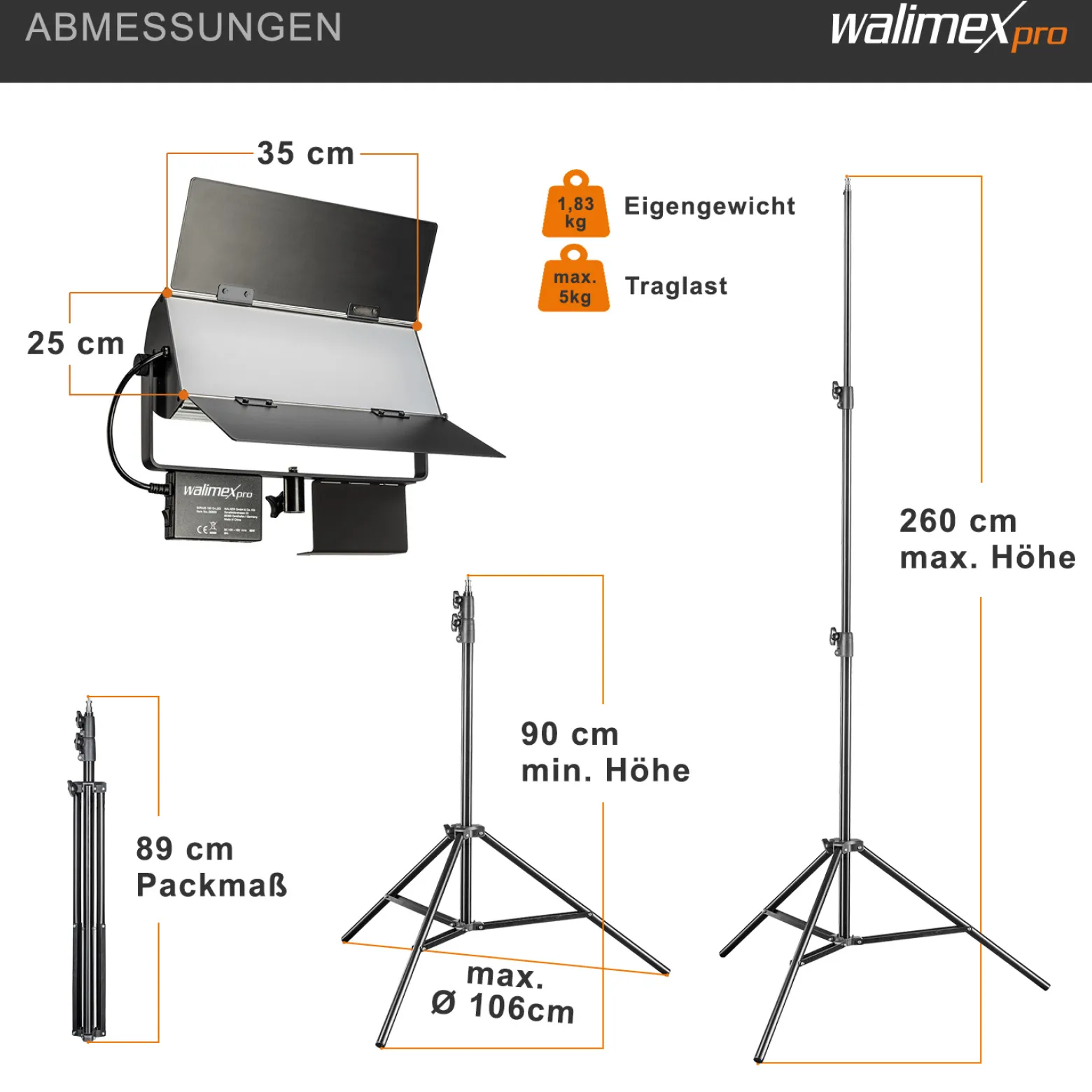 Walimex pro LED Sirius 160 Daylight Flächenleuchte 2er Set mit 2x Lampenstativ und Fernbedienung, 65 W Flächenlicht, Tageslicht Videoleuchte 5600 K, Studioleuchte mit Aluminium-Gehäuse