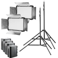 Walimex pro LED 500 Versalight Bi Color Flächenleuchte 2er Set inkl. 2x Lampenstativ & 4x Akku, leistungsstarke Videoleuchte 32 W, Studioleuchte mit Fernbedienung