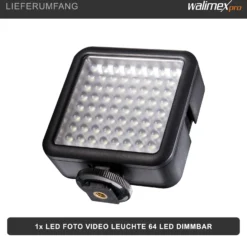 Walimex pro LED-Videoleuchte mit 64 LEDs, 6 W, Kamera Beleuchtung stufenlos dimmbar, erweiterbares Fotolicht mit Stecksystem, Videolicht für Aktion Kamera, Camcorder und DSLR
