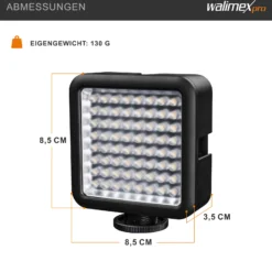 Walimex pro LED-Videoleuchte mit 64 LEDs, 6 W, Kamera Beleuchtung stufenlos dimmbar, erweiterbares Fotolicht mit Stecksystem, Videolicht für Aktion Kamera, Camcorder und DSLR