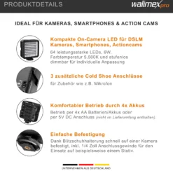 Walimex pro LED-Videoleuchte mit 64 LEDs, 6 W, Kamera Beleuchtung stufenlos dimmbar, erweiterbares Fotolicht mit Stecksystem, Videolicht für Aktion Kamera, Camcorder und DSLR