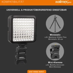 Walimex pro LED-Videoleuchte mit 64 LEDs, 6 W, Kamera Beleuchtung stufenlos dimmbar, erweiterbares Fotolicht mit Stecksystem, Videolicht für Aktion Kamera, Camcorder und DSLR