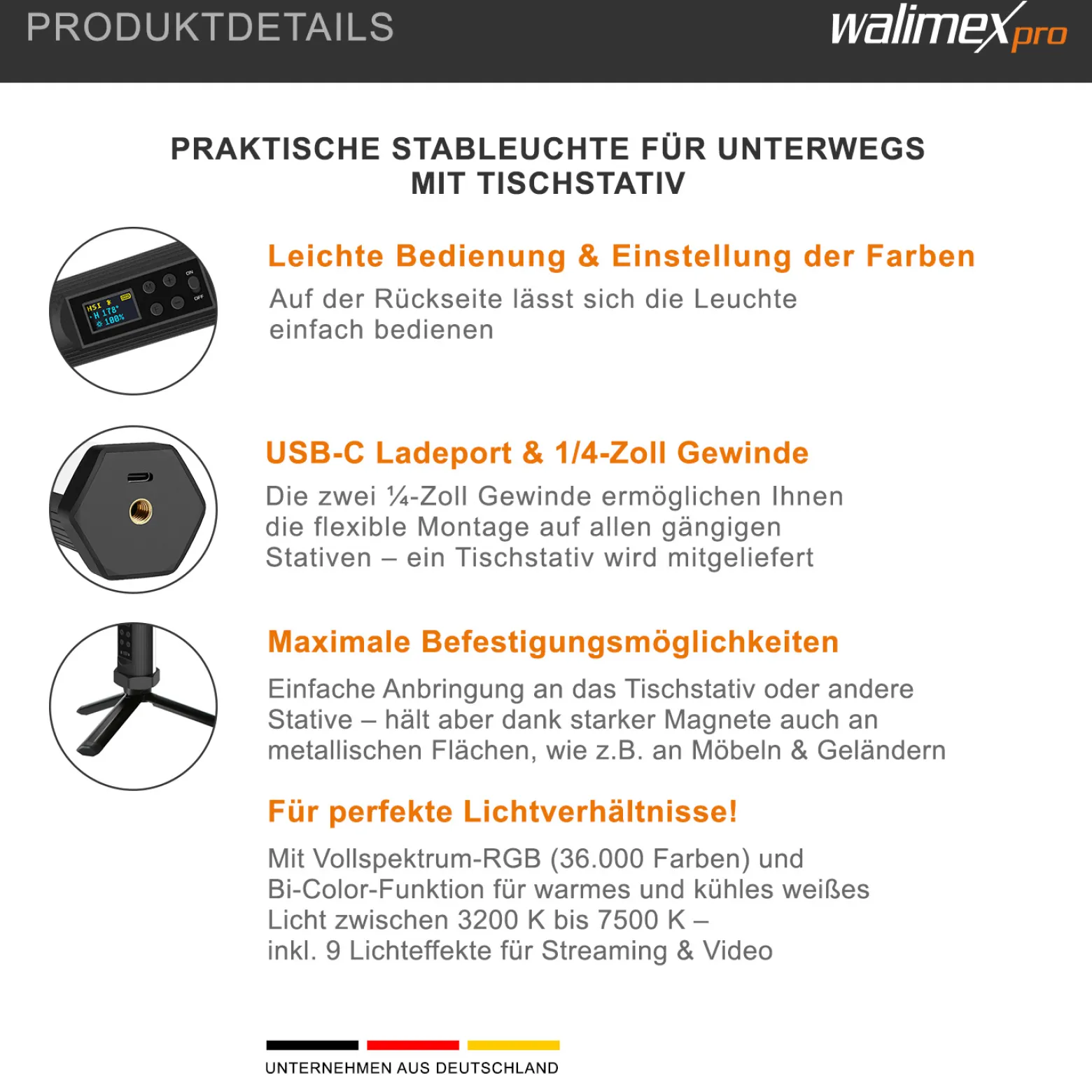 Walimex pro Leuchtstab Small M10, Videoleuchte mit Bi-Color und RGB-Vollspektrum, magnetische Videoleuchte, Studioleuchte mit 9 Effekten