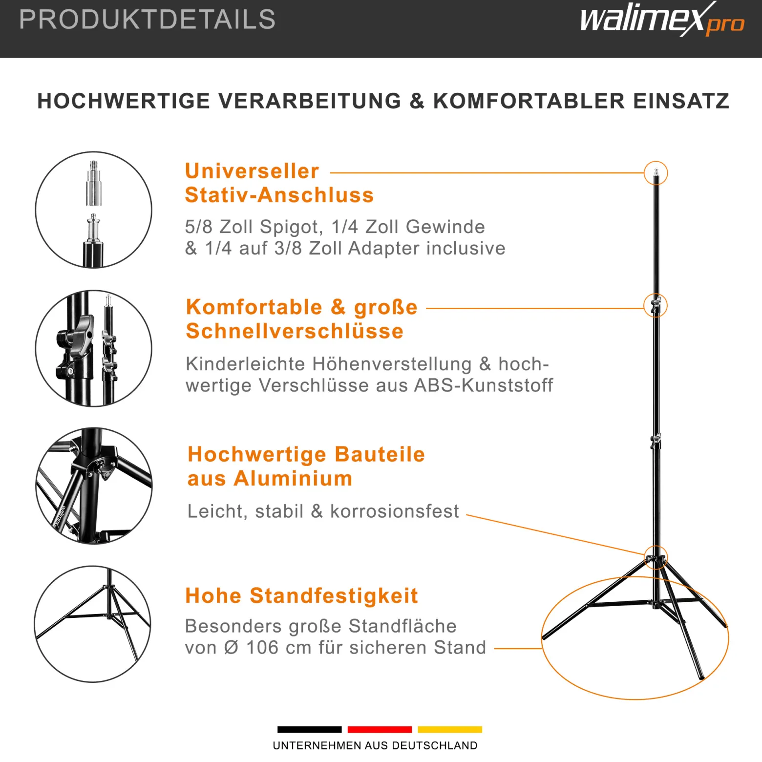 Walimex pro Lichtstativ WT-806 bis 256 cm Höhe, Blitzstativ mit Federdämpfung inkl. 3/8" Adapter & Tasche, Lampenstativ bis 6 kg, Studiostativ für Ringlicht, Reflektor, Blitz & Video