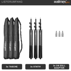 Walimex pro Lichtstativ WT-806 3er-Set bis 256 cm Höhe, Blitzstativ mit Federdämpfung inkl. 3/8