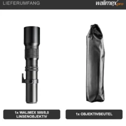 Walimex pro 500/8,0 Linsen Objektiv für verschiedene Kameras, DSLR-Objektiv für Vollformat und APSC, Teleobjektiv mit eingebauter Irisblende, hochwertiges Kameraobjektiv