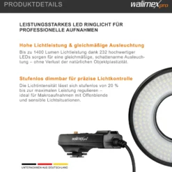 Walimex pro Macro LED Ringlicht DSR 232, Ringleuchte 14 W mit 232 LEDs, stufenlos dimmbares Videolicht