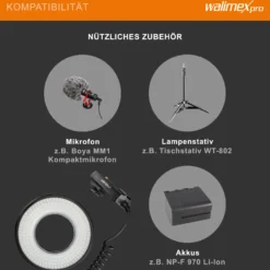 Walimex pro Macro LED Ringlicht Set inkl. Ministativ mit Kugelkopf, Ringleuchte 14 W mit 232 LEDs, stufenlos dimmbares Videolicht, Ringlampe mit Tageslichtcharakter