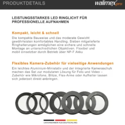Walimex pro Macro LED Ringlicht Set inkl. Ministativ mit Kugelkopf, Ringleuchte 14 W mit 232 LEDs, stufenlos dimmbares Videolicht, Ringlampe mit Tageslichtcharakter