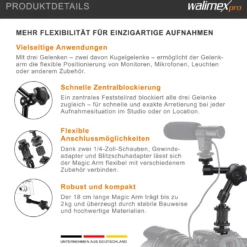 Walimex pro Magic Arm/Auslegearm - 180 x 70 x 39 mm - Tragfähigkeit 2 kg max - 2x 1/4 Zoll Schraube - DSLR-Gelenkarm, Auslegearm für Videostative, DSLR Rigs, Dollys und Aufnahmetische, Schwarz